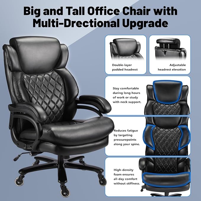 600lbs Big and Tall Office Chair, Executive Chair with Adjustable Headrest, High Back Extra Wide Seat, Heavy Duty PU Leather for Home Office, Comfortable Large Computer Desk Chair