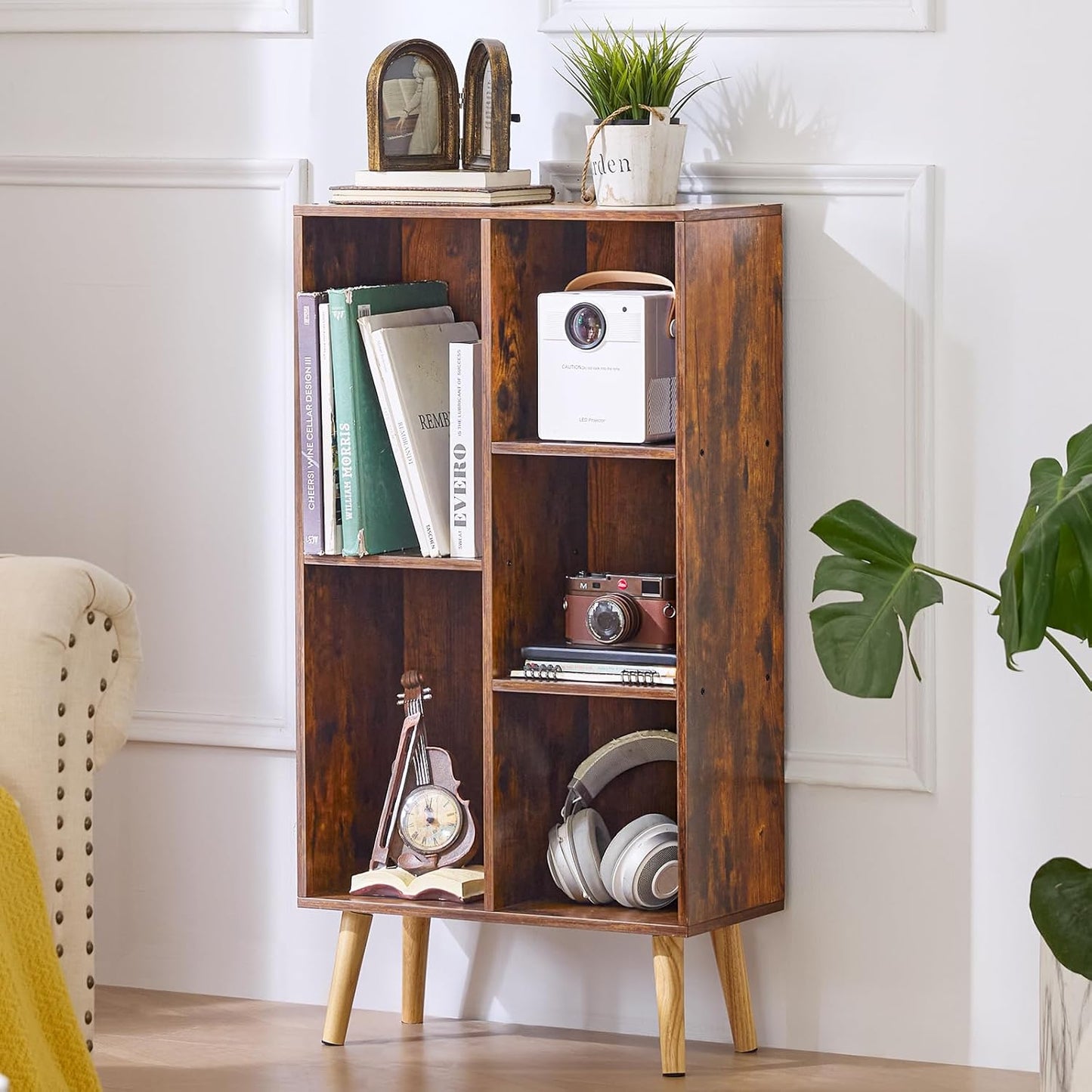 LEYAOYAO 5 Cube Small Bookshelf,3 Tier Mid-Century Bookcase with Legs,Wood Bookshelves Storage Organizer Shelf,Narrow Book Shelves,Brown Bookcases