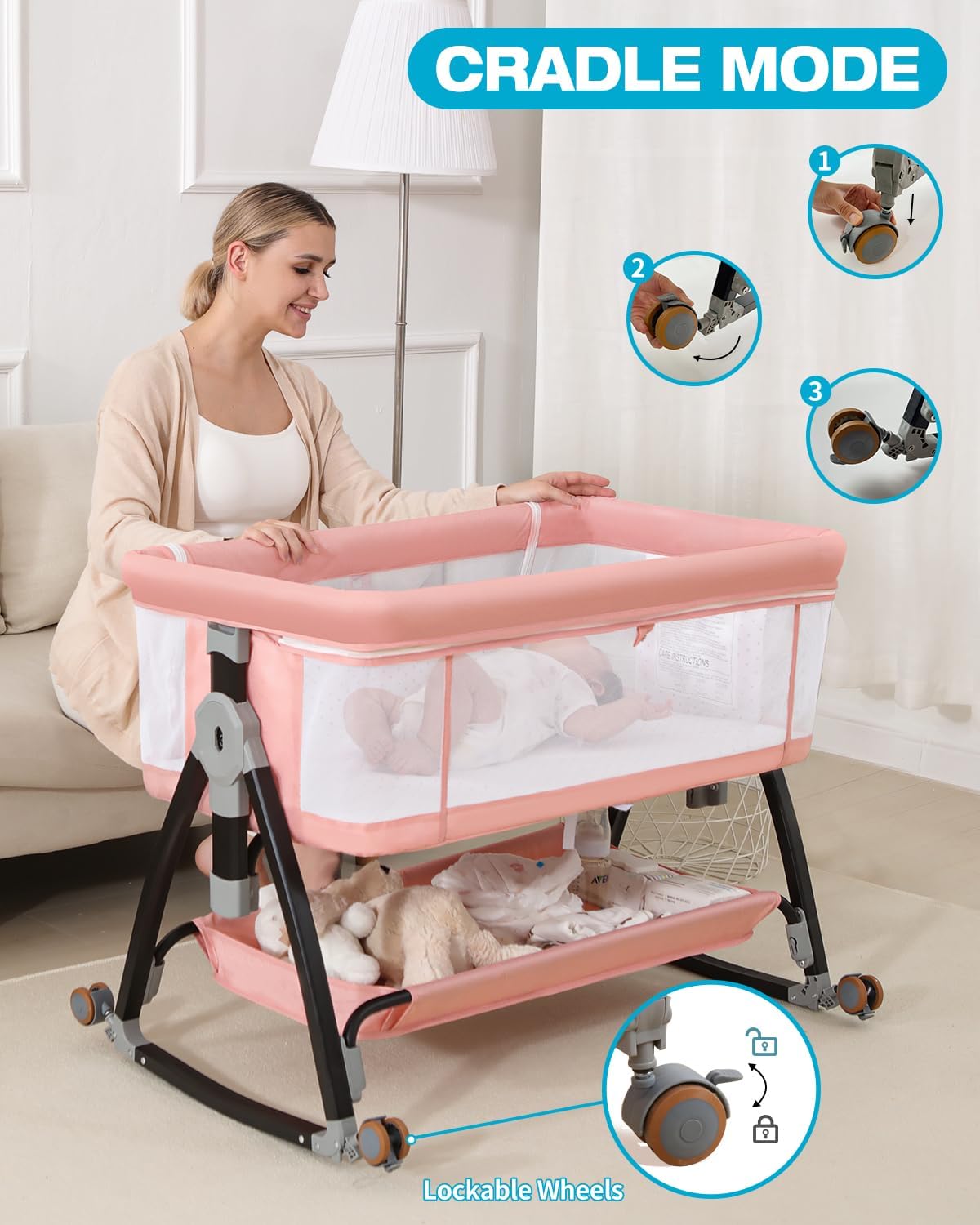 Bedside Bassinet for Baby, 3 in 1 Breathable Mesh Baby Bassinet, 6 Height Adjustable, Easy to Fold, Bassinet Bedside Sleeper with Wheels, Mosquito Net, Storage Basket, Rocking Bassinet for Baby, Pink