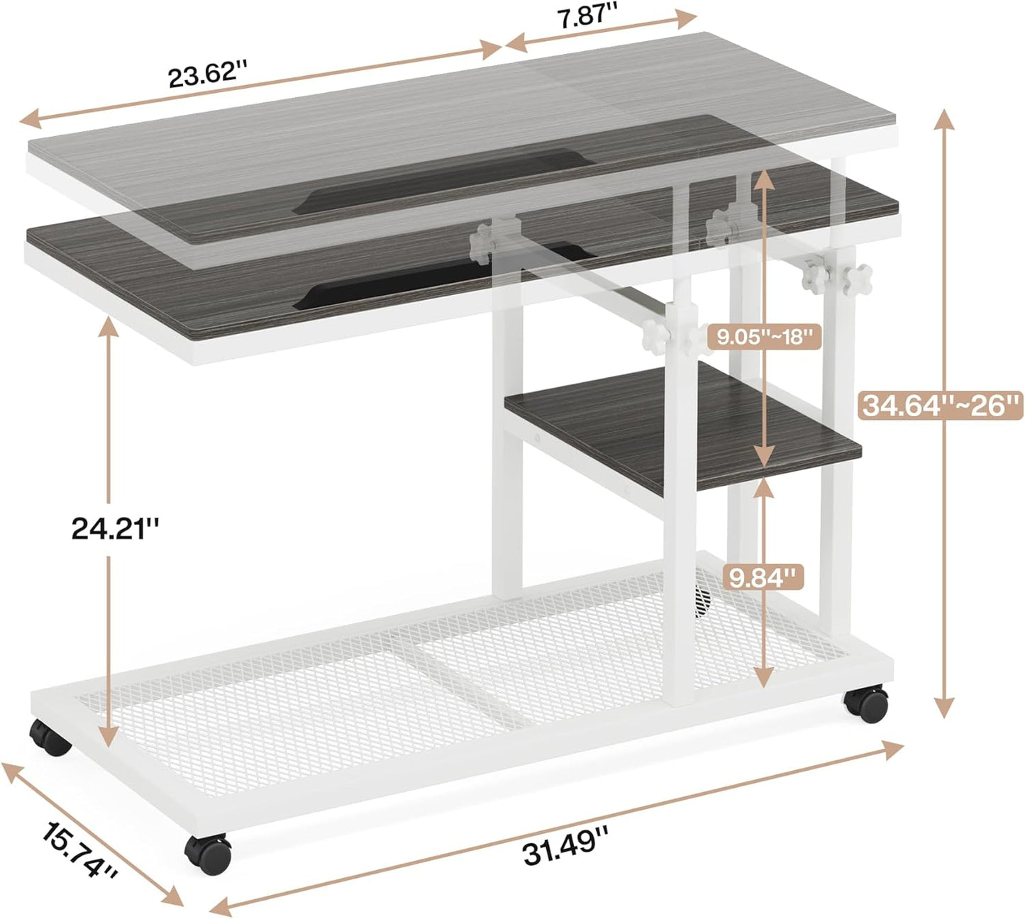 Tribesigns Height Adjustable C Table with Wheels, Mobile Couch Snack Side Table with Tiltable Drawing Board, Sofa Bedside Laptop Stand C Shaped TV Tray with Storage Shelves (Grey+White)
