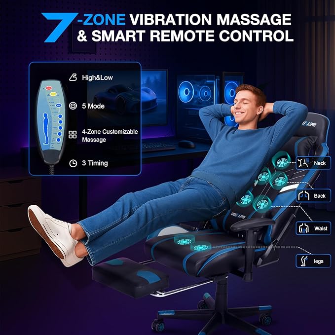 Douxlife 7-Point Massage Gaming Chair, 175° Gaming Recliner with Footrest Ergonomic Computer Office Chair High Back Video Game Chair with Lumbar Support, Upgraded Version Black and Blue