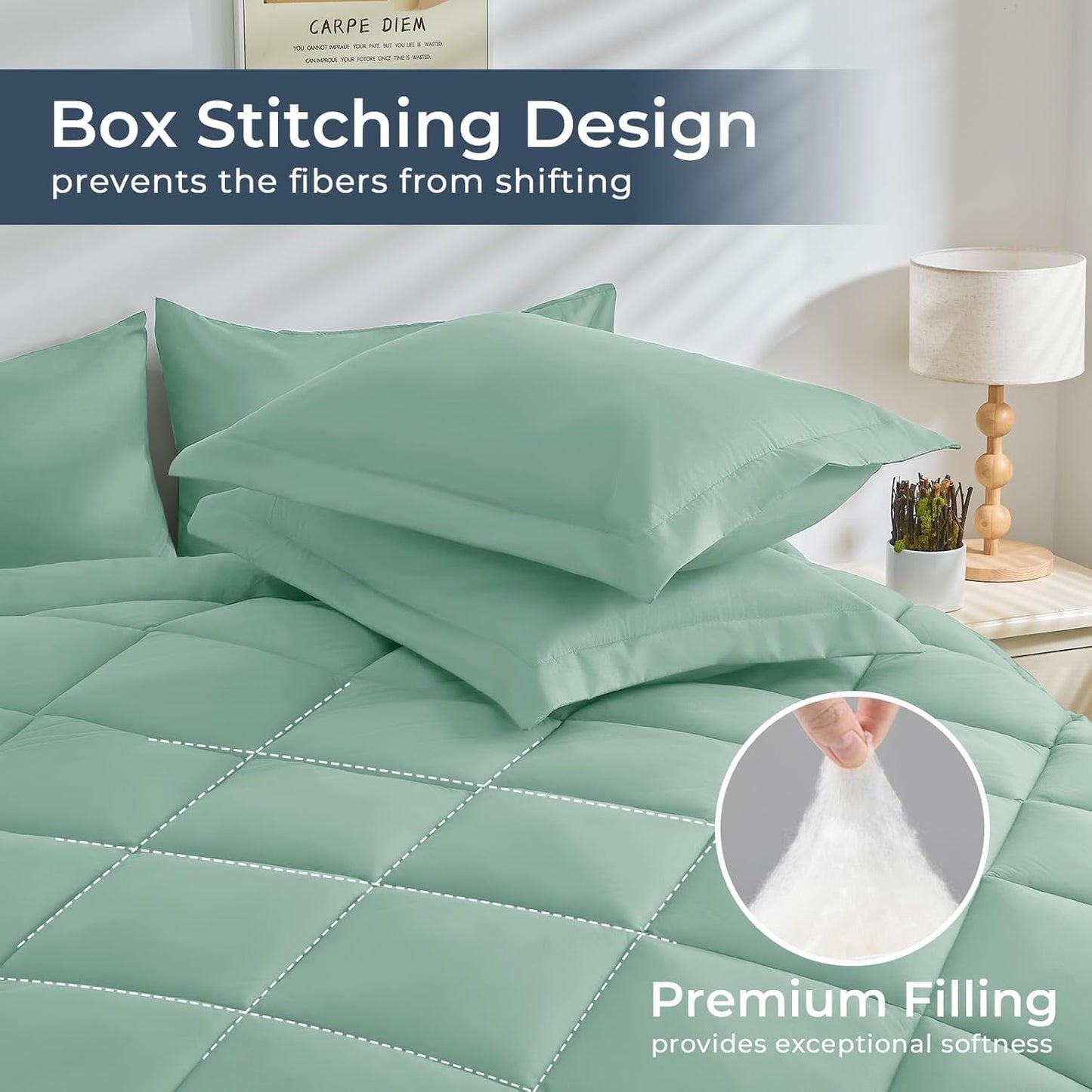 HEVUMYI Sage Green King Comforter Set - 7-Piece All Season Bed in a Bag King, Ultra Soft Bedding Set with Comforter, Flat Sheet, Fitted Sheet, Pillowcases, Pillow Shams, Sage Green