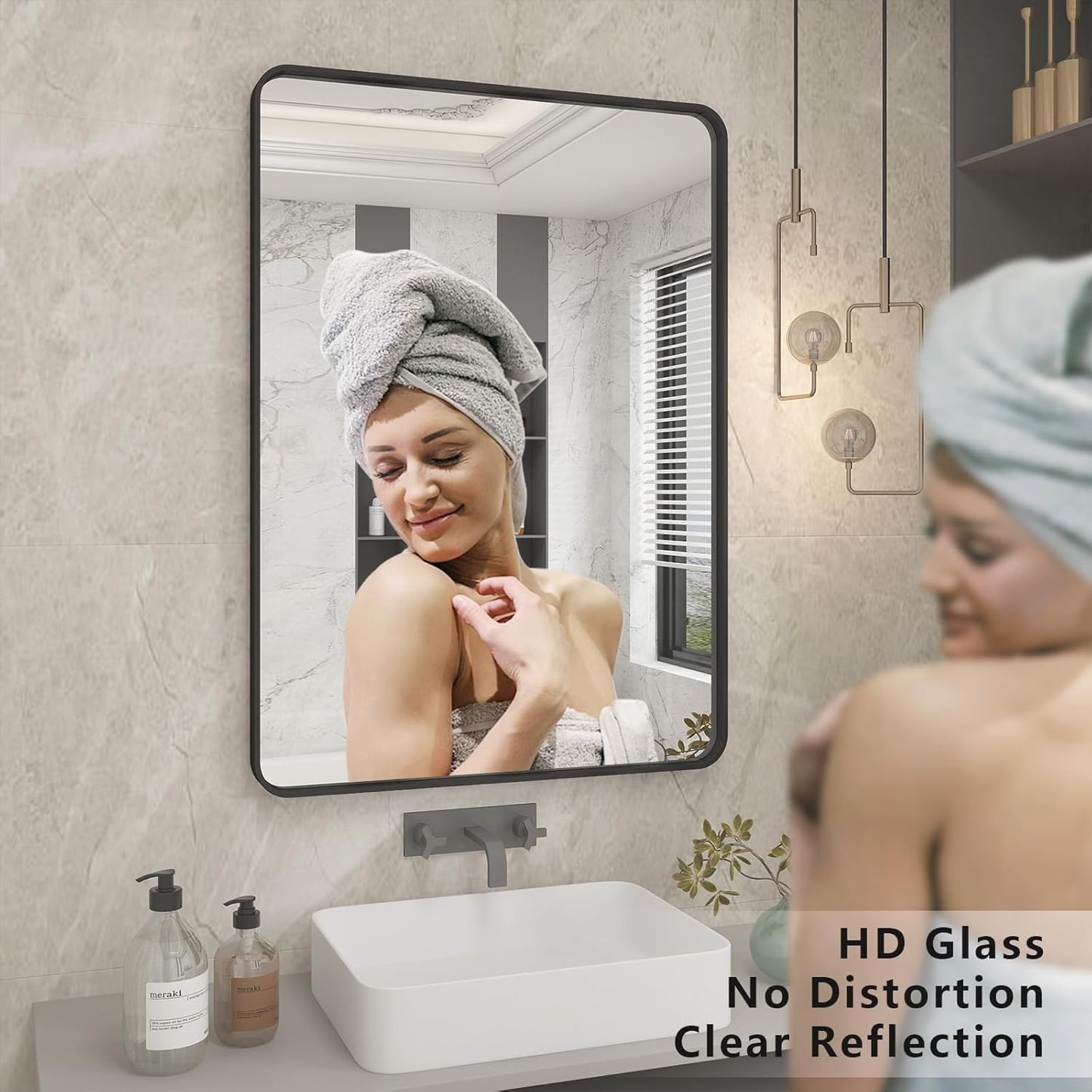 24x30 Inch Black Metal Framed Bathrrom Mirror for Wall, Matte Black Rectabgle Mirror, Rounded Corner, Anti-Rust (Horizontal/Vertical)