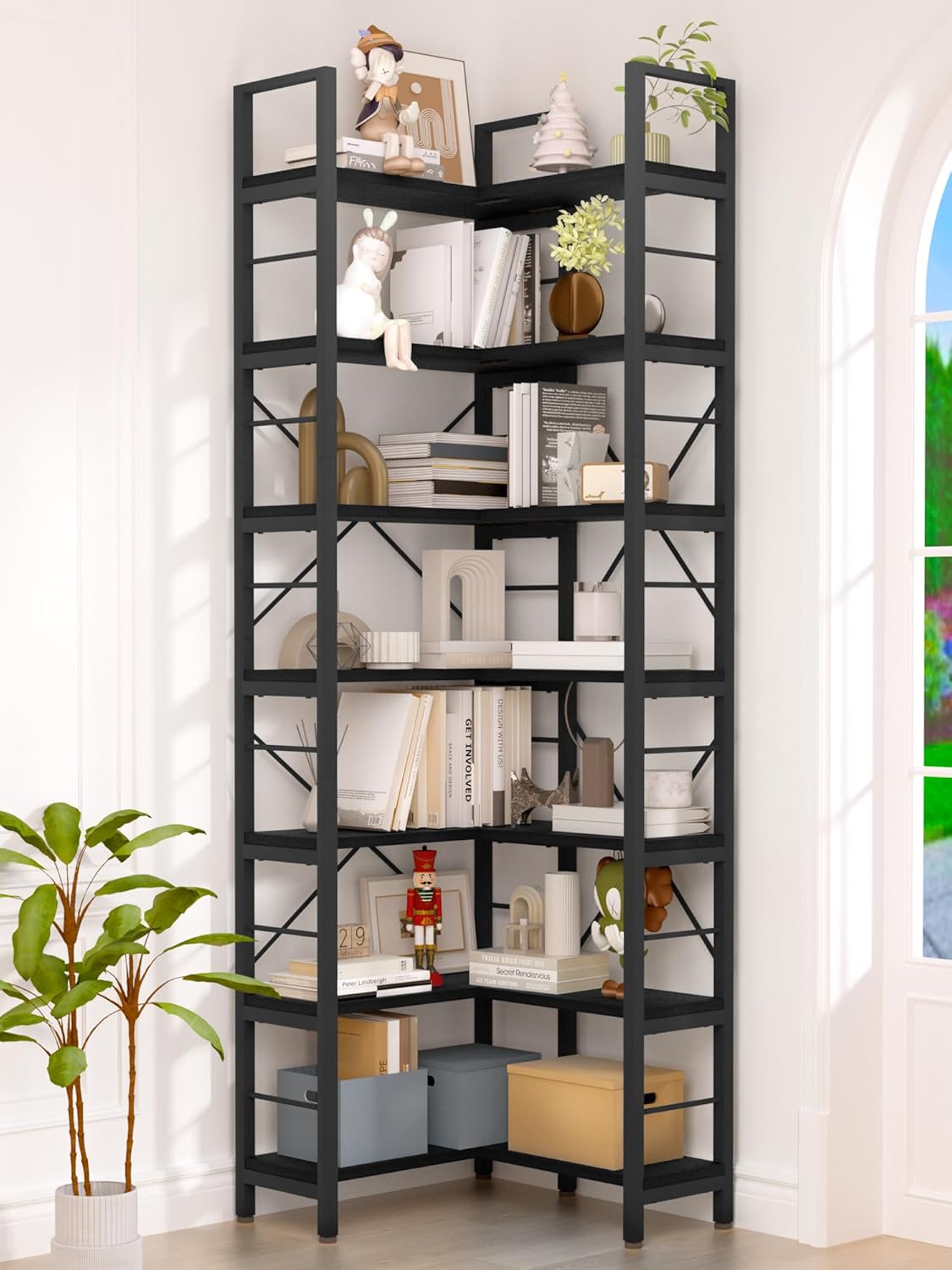 7-Tier Corner Bookshelf, Reversible Wooden Shelves, Industrial Bookcase with Open Shelves and Sturdy Metal Frame, Display Shelf Storage Rack for Living Room, Bedroom, Home Office (Black)