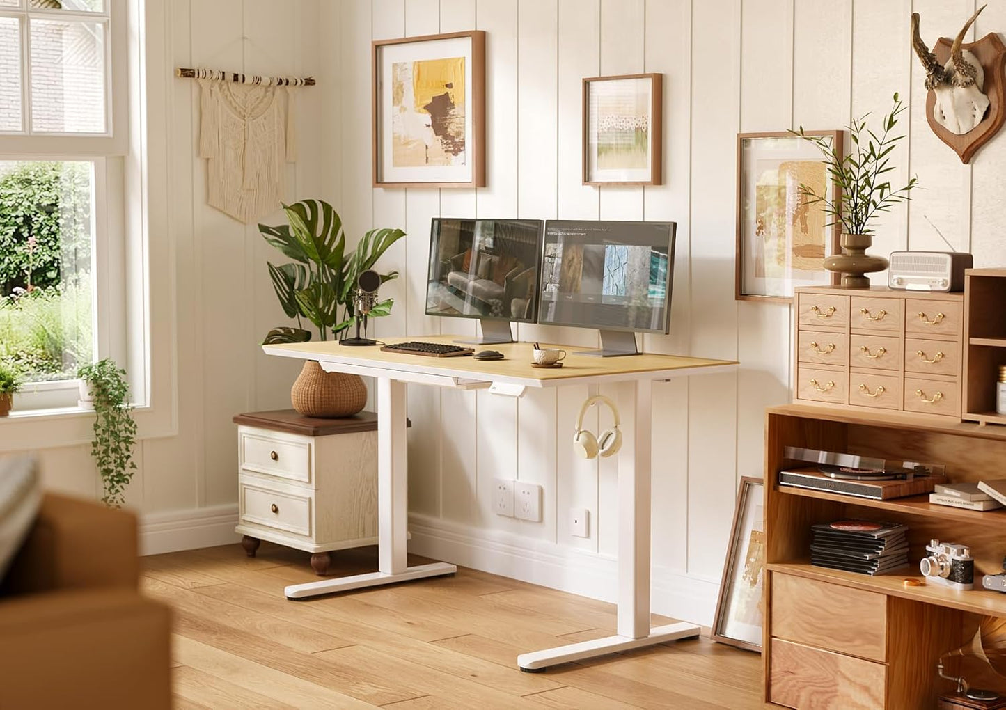 INNOVAR Bamboo Standing Desk with Drawers, 55" Adjustable Stand Up Electric Home Office Desk with Whole-Piece Board, White Frame/Bamboo Top