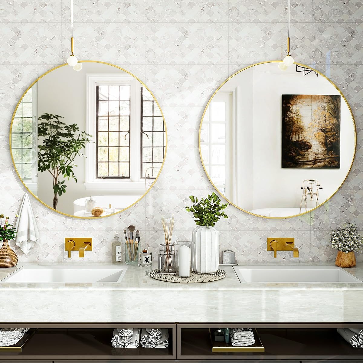 Gold Round Bathroom Mirror, 24 inch Circle Wall Mounted Hanging Mirror with Simple Modern Circular Metal Frame for Hallway, Entryway, Living Room, Gold Frame