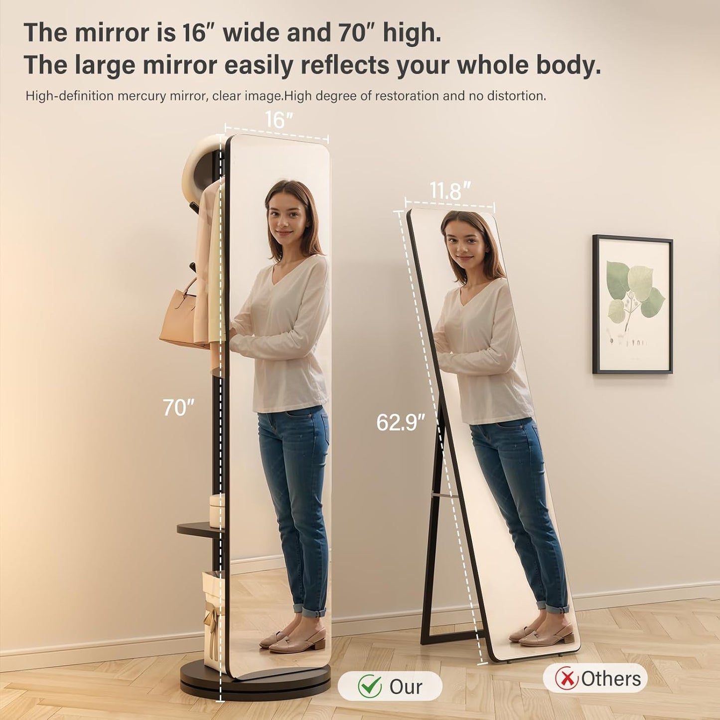 70"x16"Full Length Mirror with Stand,Coat Rack with Mirror,Solid Wood Floor Mirror,Swivel Mirrorfor Bedroom, Living Room, Cloakroom