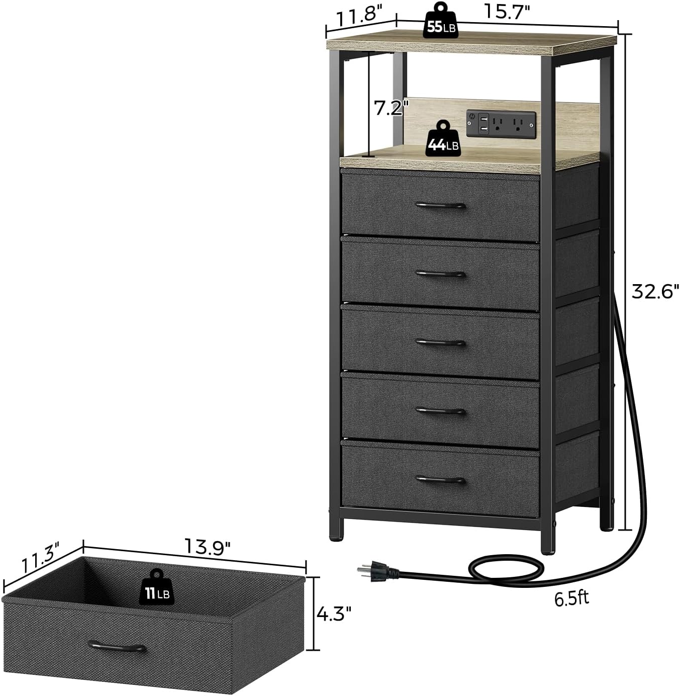Seventable Night Stand with Charging Station, Tall Nightstand with 5 Fabric Storage Drawers, Side Table with LED Light for Bedroom, Entryway, Greige, Set of 2