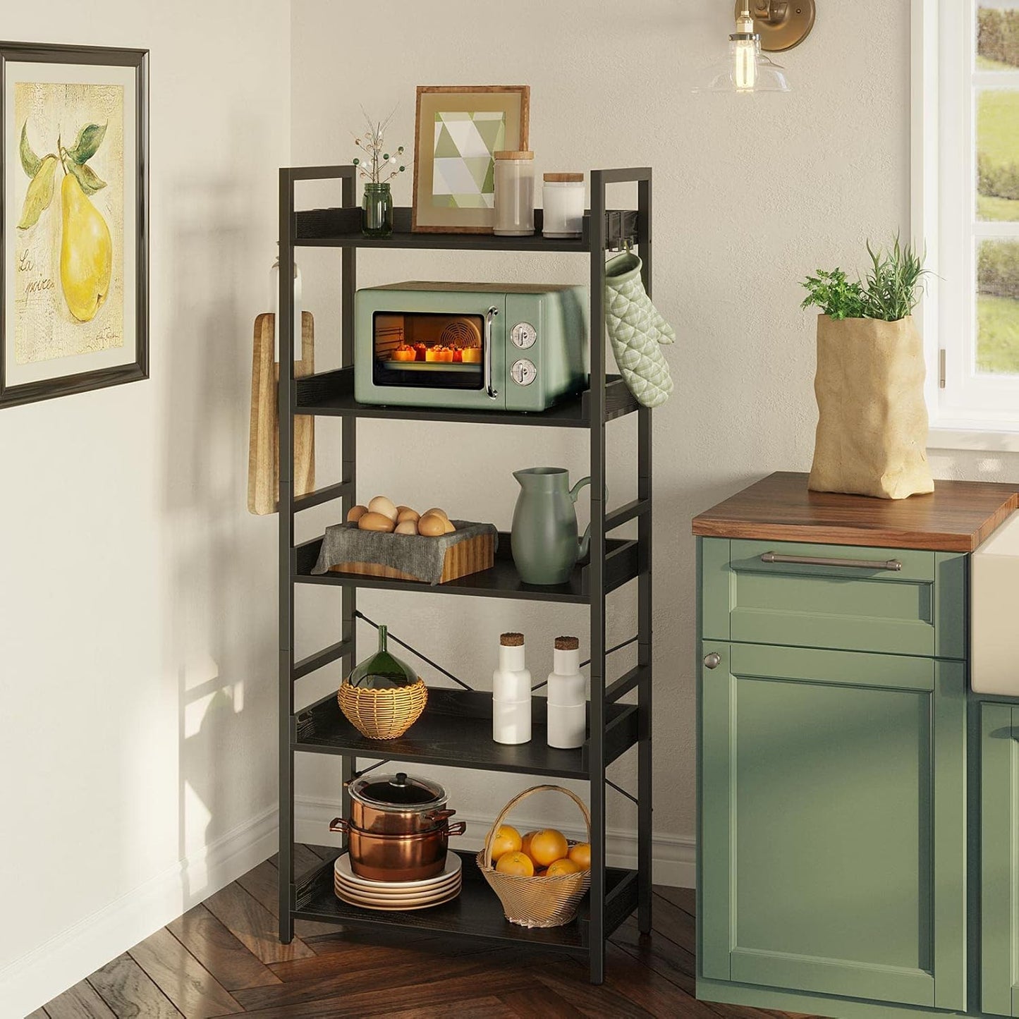 Rolanstar Bookshelf 5 Tier with 4 Hooks, Industrial Wood Bookcase, Vintage Storage Rack with Open Shelves, Rustic Standing Bookshelves Metal Frame Display Rack for Living Room, Bedroom, Black