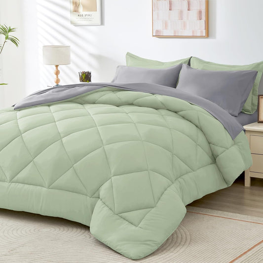 HEVUMYI Queen Comforter Set - 7-Piece All Season Bed in a Bag Queen, Ultra Soft Bedding Set with Comforter, Flat Sheet, Fitted Sheet, Pillowcases, Pillow Shams, Sage Green & Light Grey