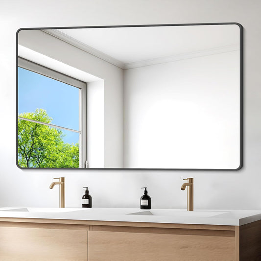 36" x 55"Bathroom Mirror, Matte Black Wall Mirror with Metal Frame, Decorative Rectangular Vanity Mirror for Bedroom Bathroom Living Room Entryway (Horizontal/Vertical)