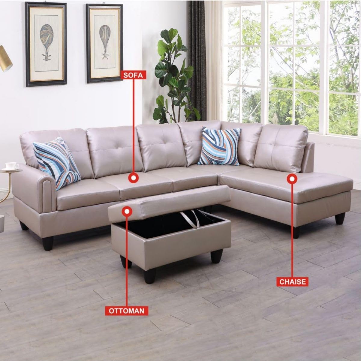 Latte L-Shaped 3-Piece Faux Leather Sofa with Storage Ottoman Set, Sectional Couch Sofa Set for Living Room, Office, Small Space