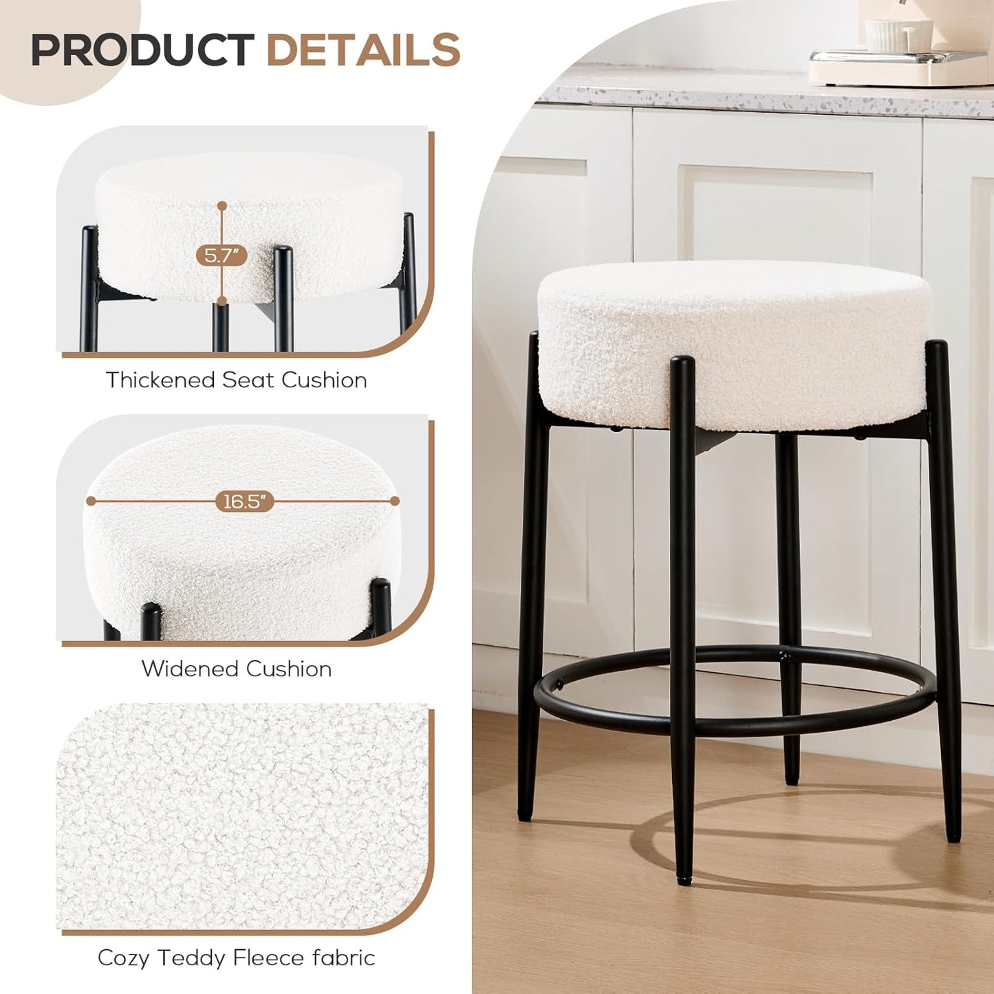 Dining Room Chairs Set of 6, 23.6" Sherpa Backless White Boucle Dining Chair with Black Metal Legs, Mid Century Modern Living Room Round Upholstered Chairs