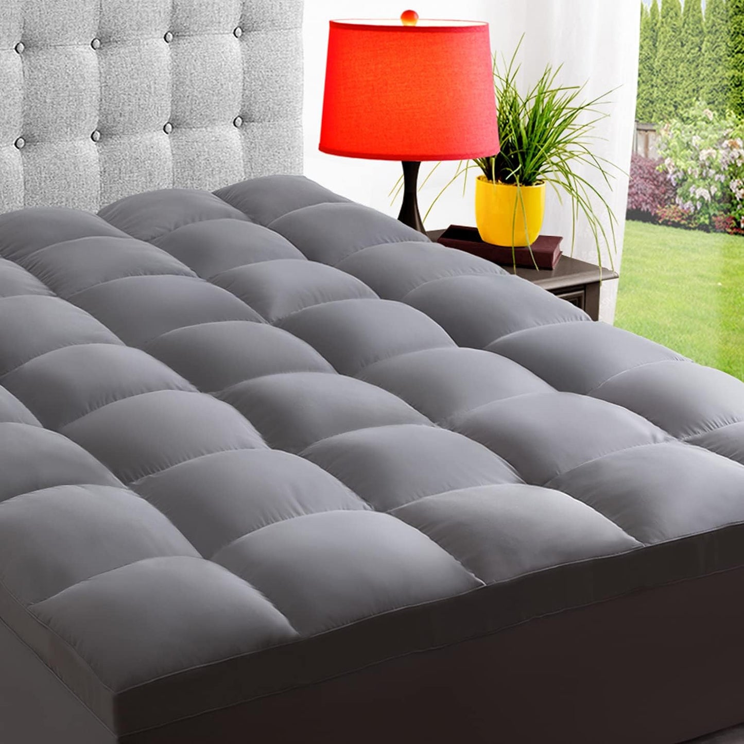 ELEMUSE Cal King Grey Mattress Topper for Back Pain, Extra Thick Mattress Pad Cover, Plush Soft Pillowtop with Elastic Deep Pocket, Overfilled Down Alternative Filling