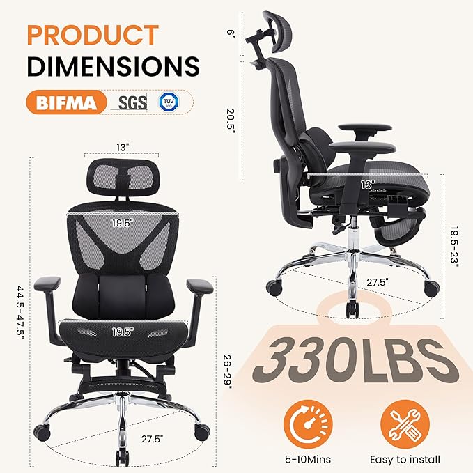 LuxErgo Ergonomic Mesh Office Chair High Back Mesh Computer Executive Desk Chair Home Office Chair with Adjustable Lumbar Support for Office/Gaming/Study, Freely Tilt Lock, Flip-Up Headrest & Armrests
