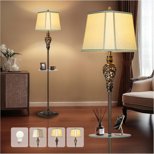 Rustic Floor Lamp for Living Room with Nightlight and Glass Tray, Vintage Standing Lamp with Beige Faux Silk Shade, Farmhouse Tall Lamp for Bedroom Study Home Office Hotel Bar - Brown (Bulb Included)
