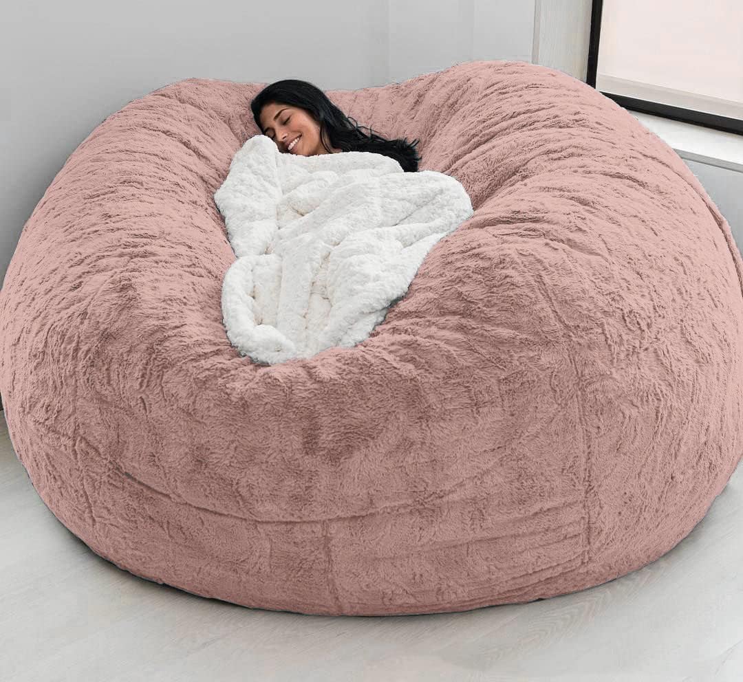 Giant Fur Bean Bag Chair Cover for Kids Adults, (No Filler) Living Room Furniture Big Round Soft Fluffy Faux Fur Beanbag Lazy Sofa Bed Cover (Light Pink, 5FT)