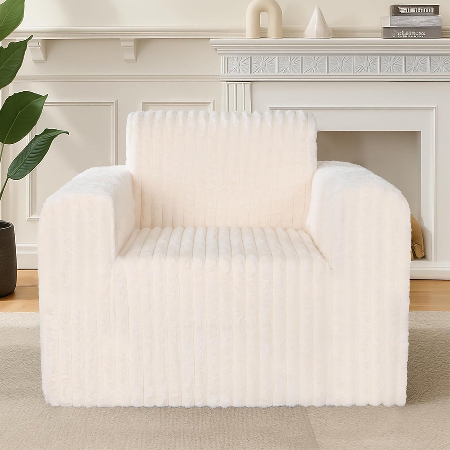 Giant Bean Bag Chair for Adults, Non-Slip Floor Sofa with High Backrest & Wider Armrest, Upgrade Whole Sponge Bean Bag Sofa Couch for Bedroom Living Room(Large,Beige,Stripe Plush)