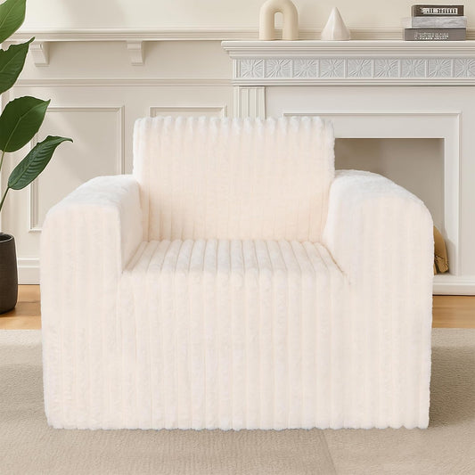 Giant Bean Bag Chair for Adults, Non-Slip Floor Sofa with High Backrest & Wider Armrest, Upgrade Whole Sponge Bean Bag Sofa Couch for Bedroom Living Room(Large,Beige,Stripe Plush)