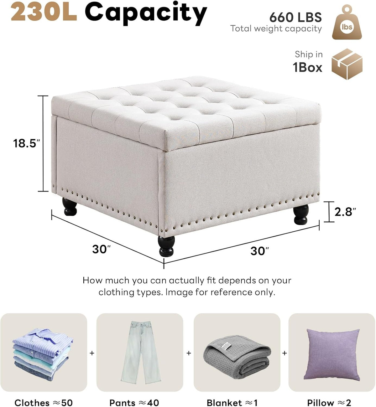 Tbfit Large Square Storage Ottoman Bench, Botton Tufted Upholstered Coffee Table with Wooden Legs, Oversized Storage Ottomans Toy Box Footrest for Living Room, Apartment, Beige