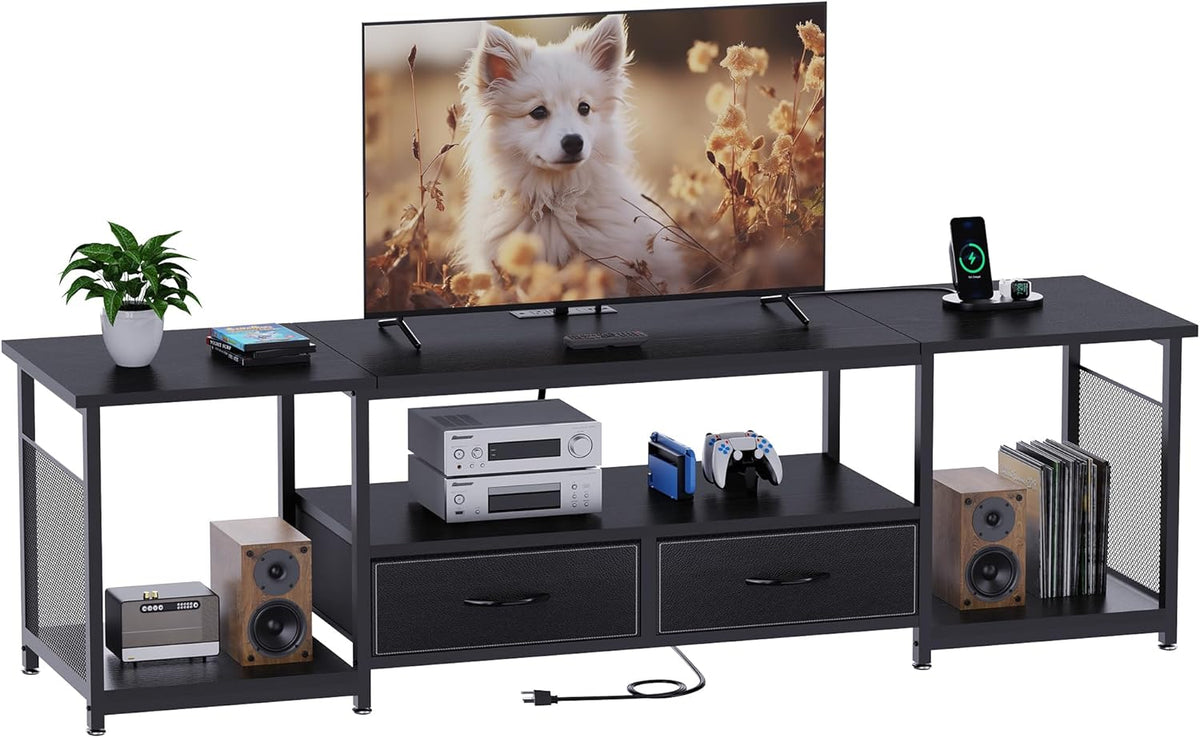 TV Stand with Drawers and Power Outlets for 75 70 65 Inch TV, Entertainment Center with Open Storage Shelves, Industrial Media TV Console Table for Living Room Bedroom Office, Black