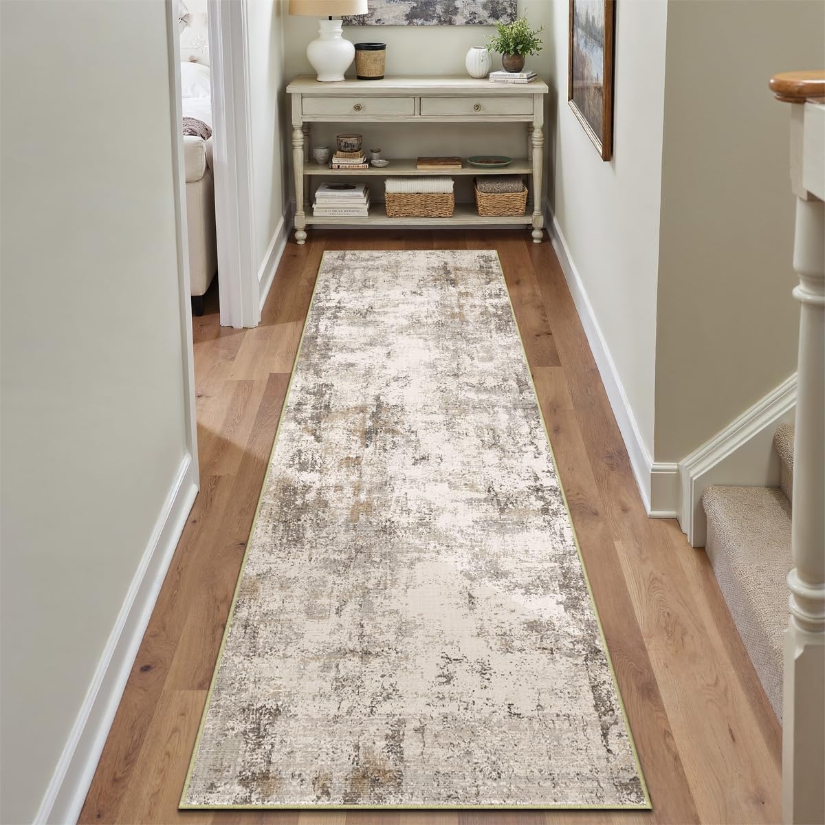 2x8 Washable Runner Rug Brown Grey Neutral Abstract Hallway Kitchen Living Room Bedroom Non Slip Throw Rug Soft Low Pile Indoor Carpet for Entrance Laundry Bathroom