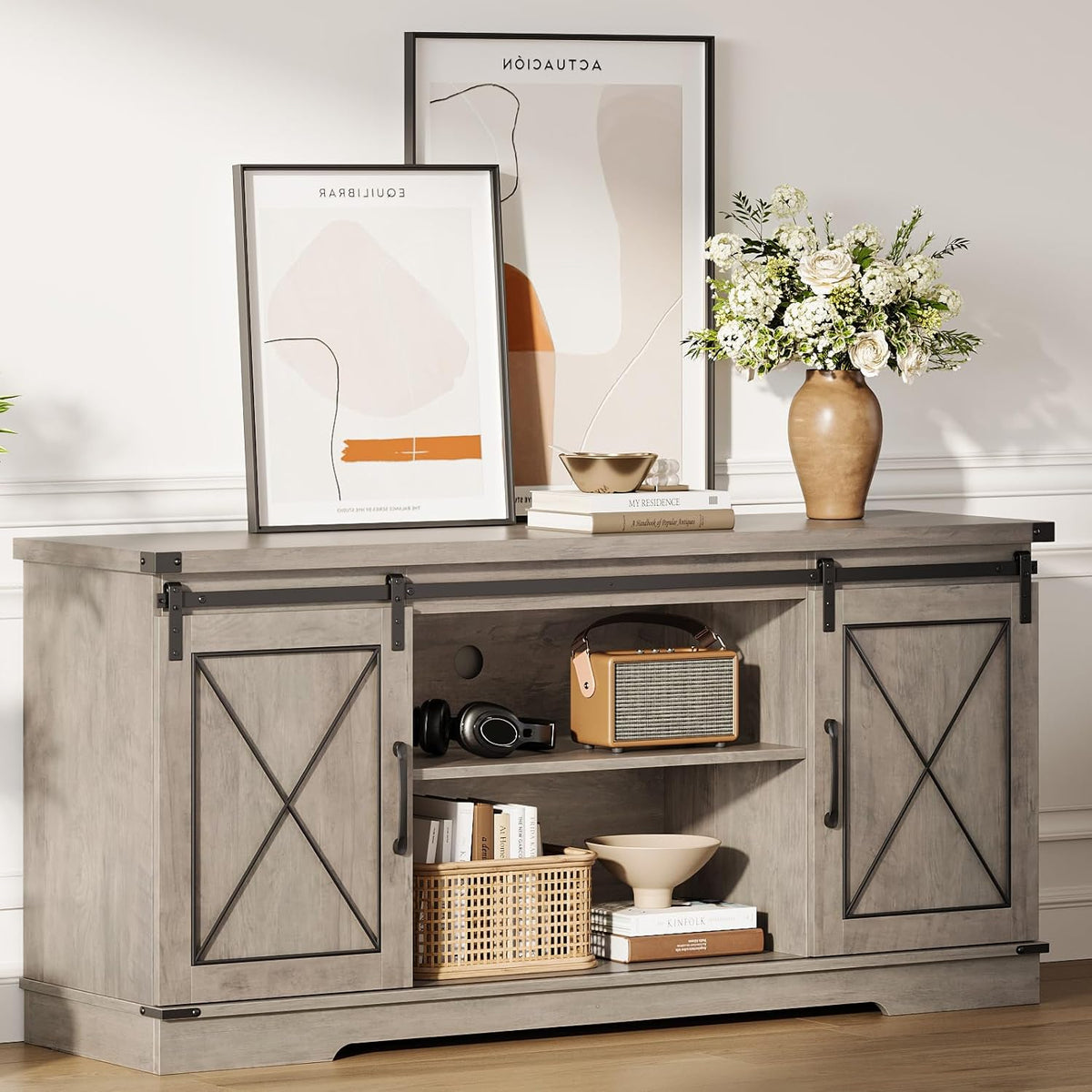 IDEALHOUSE Farmhouse TV Stand and Entertainment Center for Tv up to 65 inches with Sliding Barn Doors and Adjustable Shelf, Tv Media Console Table with Storage Cabinet for Living Room, Grey