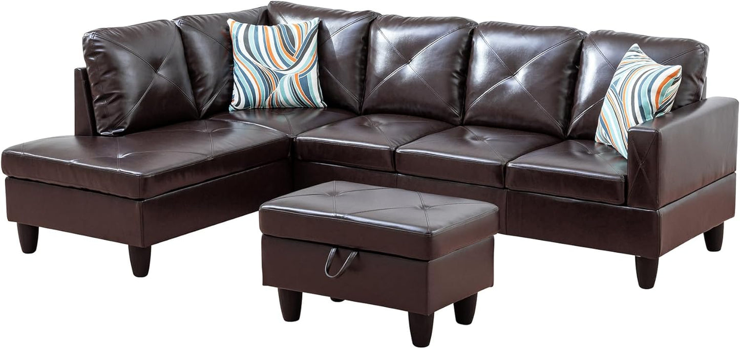 Osparple L Shaped Couch Faux Leather Sectional Couches for Living Room Upholstered 3 Pieces Modular Sectional Sofa with Chaise, Ottoman with Storage for Living Room and Small Apartment, Brown