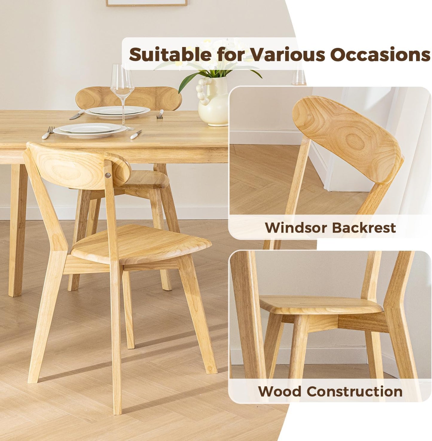 DELAVIN Soild Wood Dining Chairs Set of 2, Oak Wood Kitchen Chairs, Mid Century Modern Dining Room Chairs, Natural
