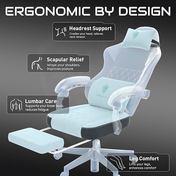Dowinx Gaming Chair, Fabric Gaming Chairs for Adults with Pocket Spring Cushions and Lumbar Support, Ergonomic Massage Computer Chair with Footrest for Big and Tall, Aqua