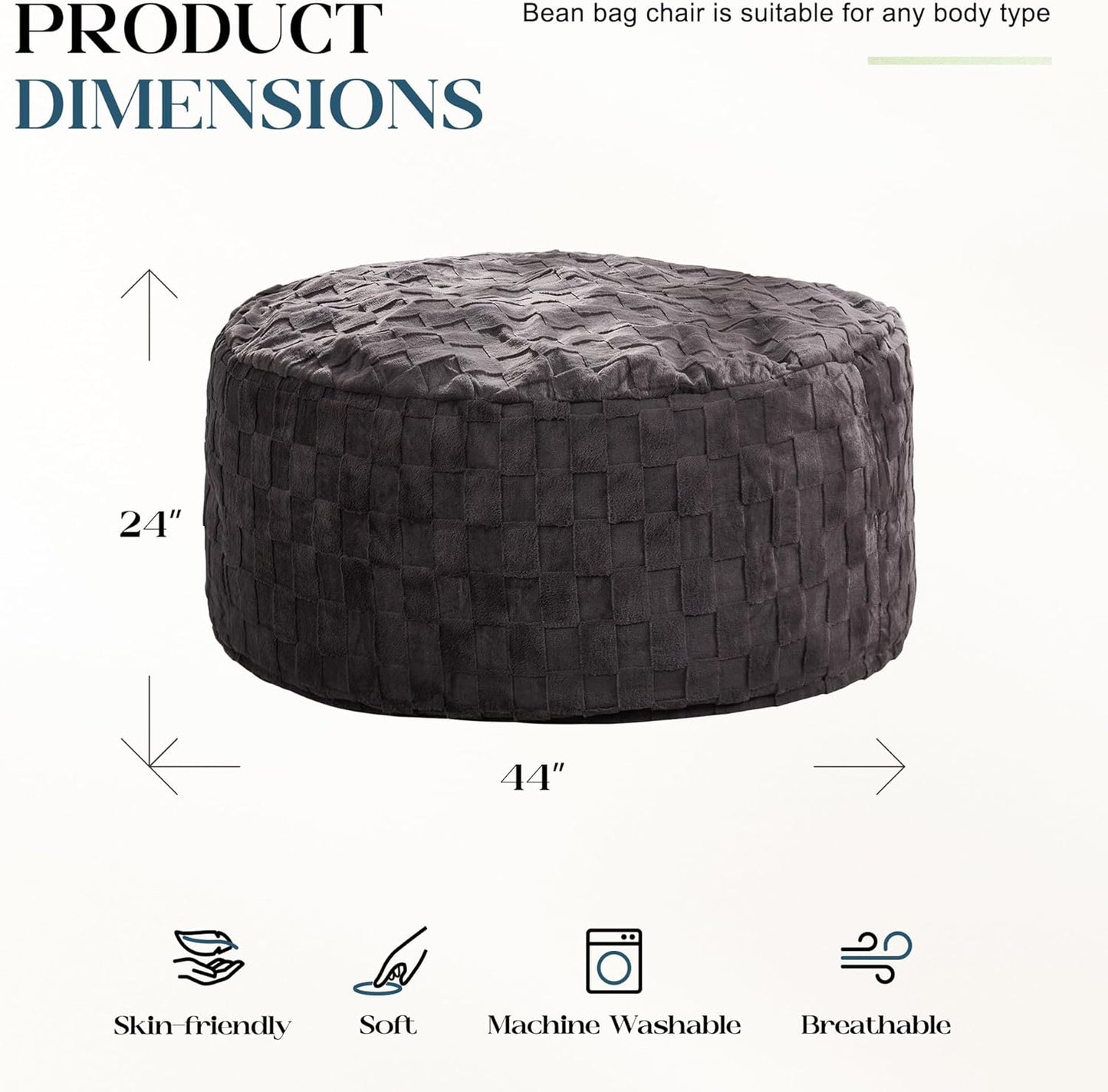 Hobestluk Bean Bag Chairs Beanbag Chair with Filler Adult Bean Bags with Fluffy Cover, Giant Bean Bag Chairs for Adults for Living Room, Bedroom (Dark Grey, 4FT - 44” x 44” x 24”)