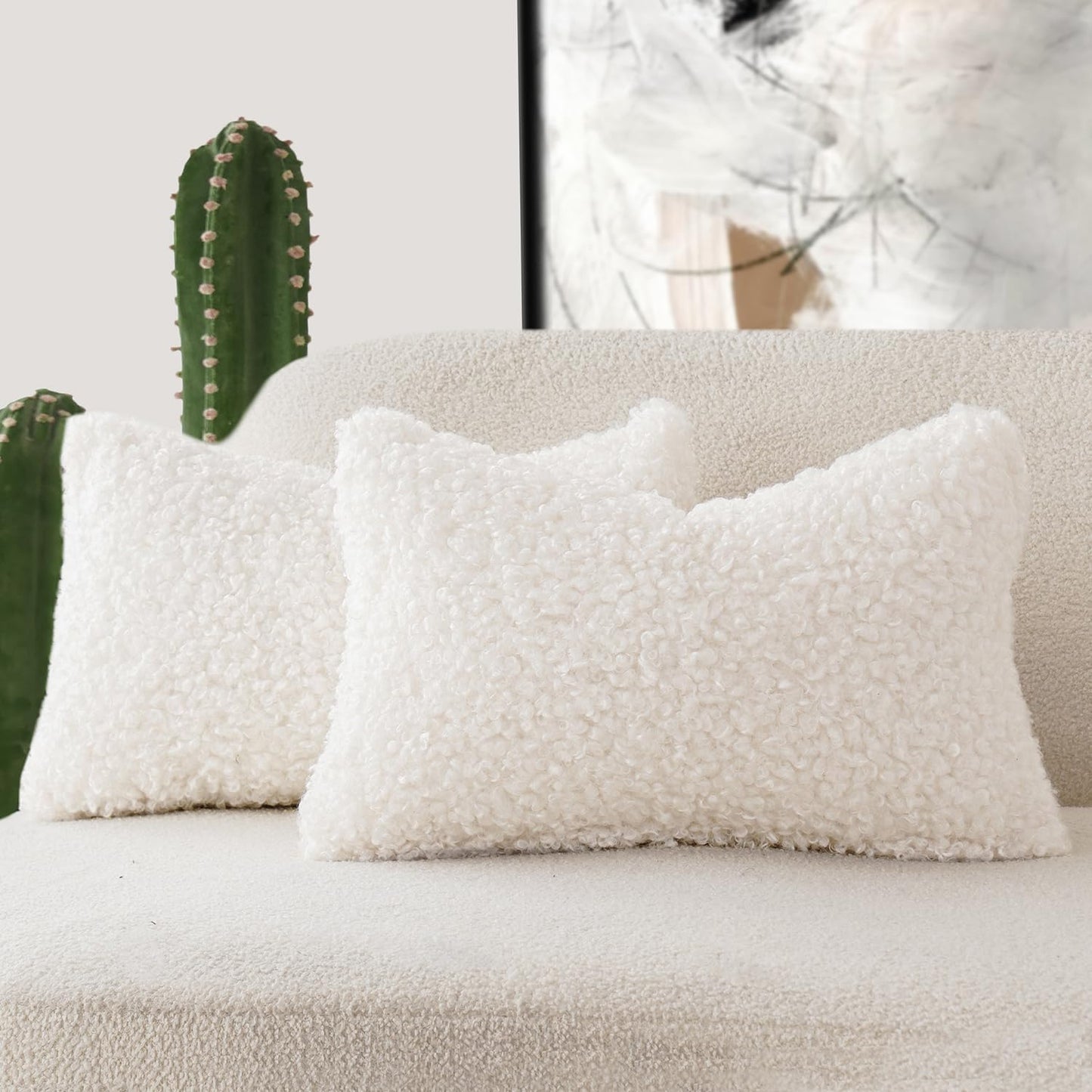 Foindtower Set of 2 Curly Teddy Wool Faux Fur Pillow Covers Decorative Boucle Textured Lumbar Throw Pillow Oblong Accent Pillowcases Sheepskin Cushion Case for for Chair and Couch 12"x20" White