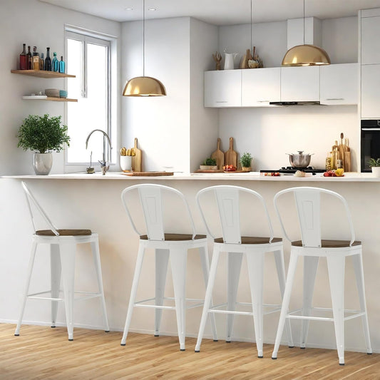 26” Swivel Bar Stools Set of 4, Counter Height Bar Stools Wooden Seat, Metal Industrial Bar Chairs with High Back for Kitchen Island (White)