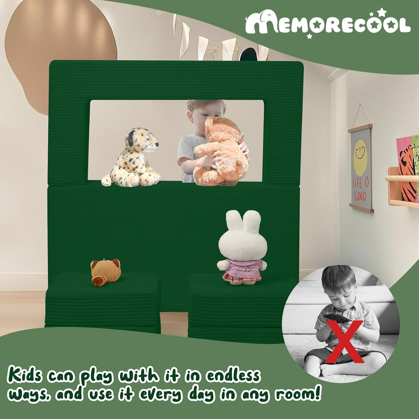 MeMoreCool Modular Kids Couch, Corduroy Play Toddler Couch for Bedroom Playroom Furniture, Convertible Foam Kids Sofa Bed, Fold Out Baby Sofa for Girl Boy, Green