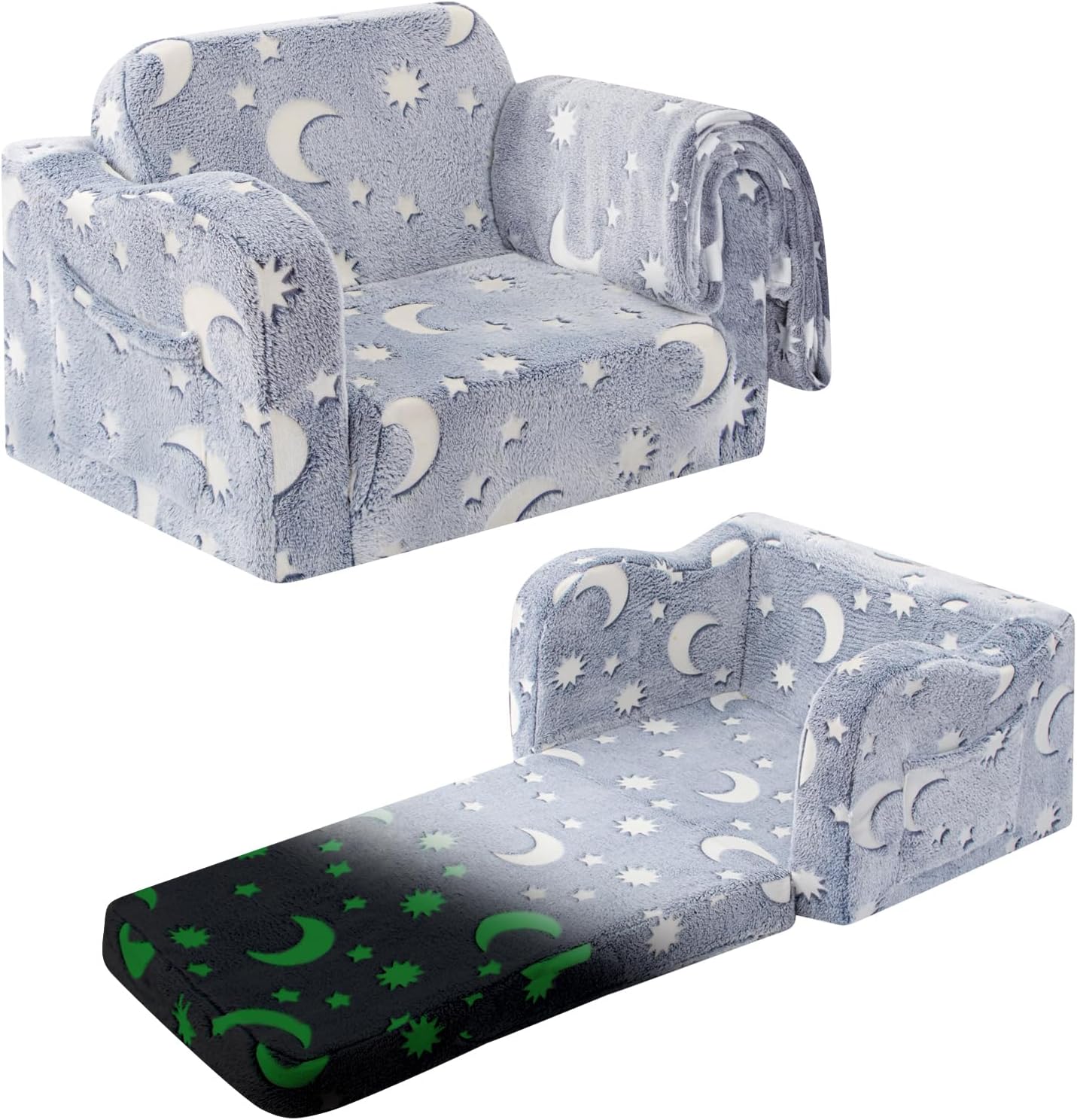 Kids Toddler Chair, 2-in-1 Toddler Couch Fold Out, Convertible Chairs for Toddlers Comfy Sofa to Lounger with Glow in The Dark Feature, Soft for Girls and Boys