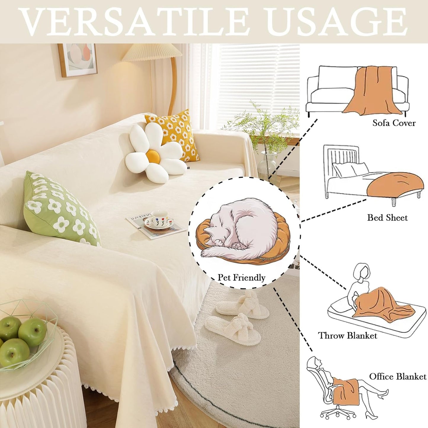 HANDONTIME Beige Sofa Covers Couch Covers for 3 Cushion Sofa Cute Couch Cushion Covers Pet Couch Protector Thick Chenille Loveseat Cover Multi-Functional Throw Cover, 71" X118"