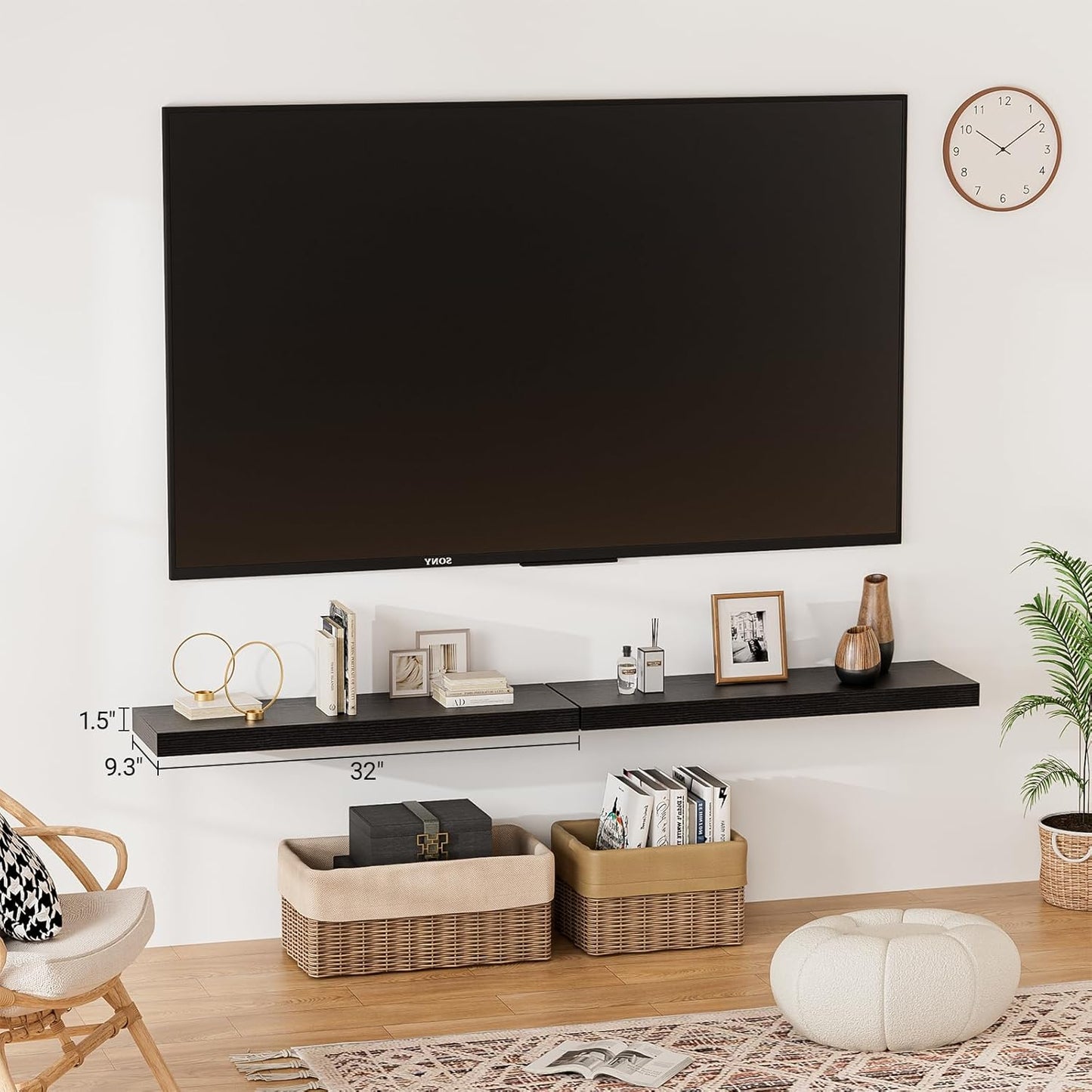 Heimlove 32 Inch Floating Shelves for Wall,Black 9.3" Deep Floating Shelf Set of 2,Wall Mounted Shelves for Bathroom Bedroom Living Room Kitchen Office,Shelf for Books Storage Room,Home Decor