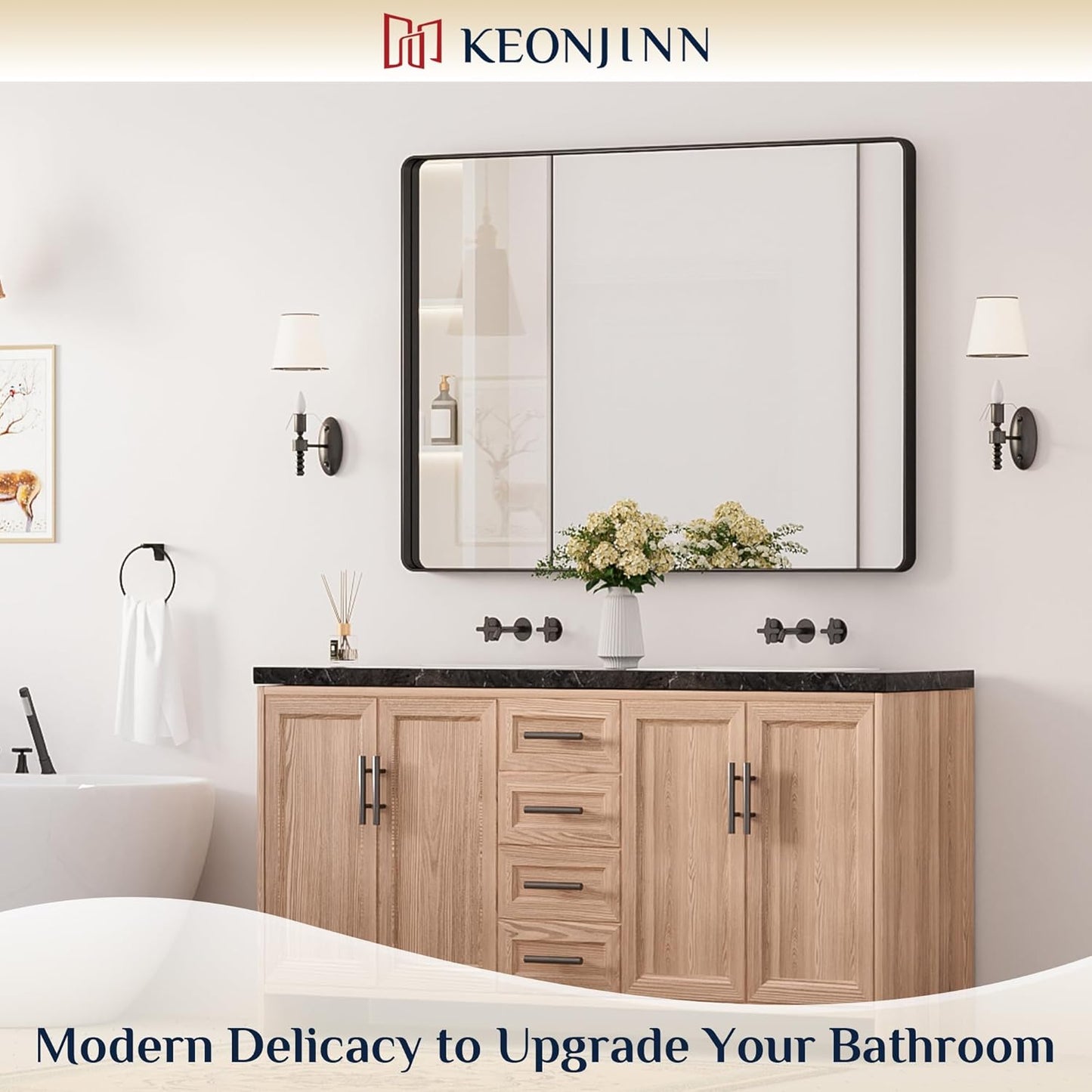 Keonjinn Black Bathroom Mirror for Over Sink, 48” x 36” Large Matte Black Mirrors for Wall, Rounded Rectangle Farmhouse Vanity Mirror, HD Tempered Glass Modern Decorative Mirror(Horizontal/Vertical)