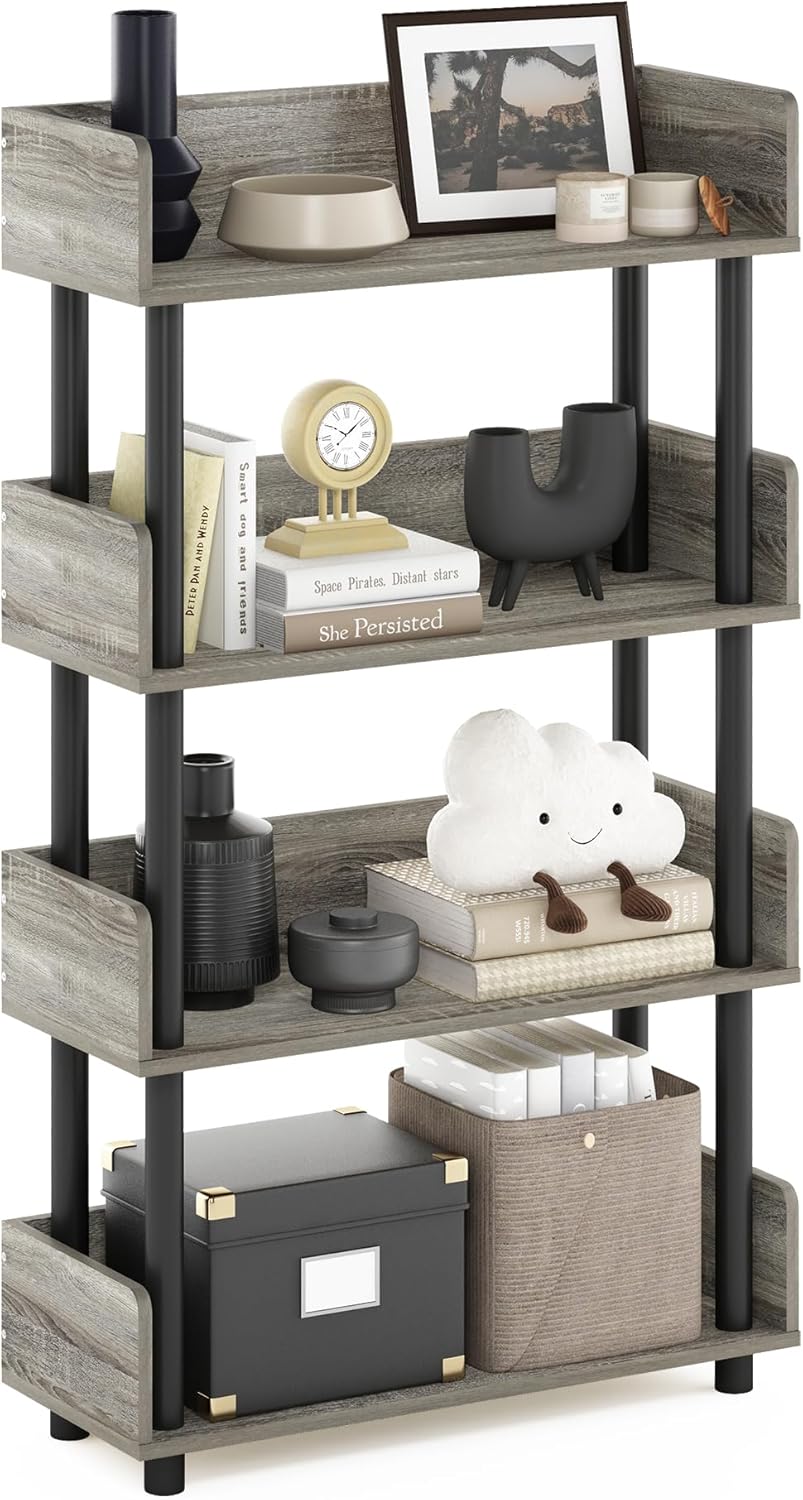 Furinno Turn-N-Tube 4-Tier Multipurposes Display Rack, Open Shelf Rack/Storage with Back & Side Panel, French Oak/Black