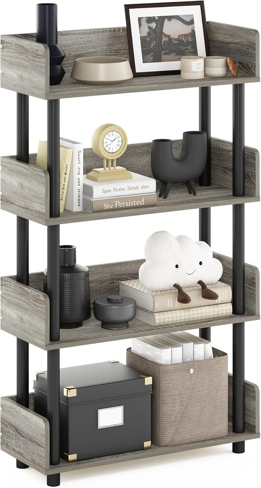 Furinno Turn-N-Tube 4-Tier Multipurposes Display Rack, Open Shelf Rack/Storage with Back & Side Panel, French Oak/Black