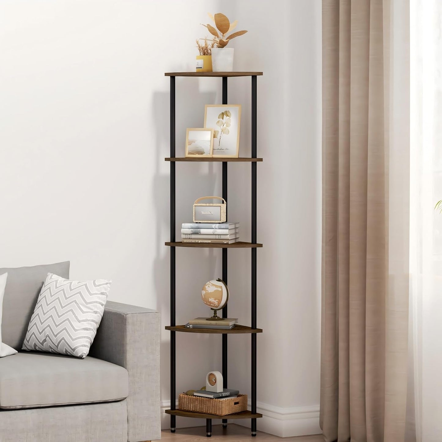5 Tier Corner Shelf, Bookcase for Small Spaces, Corner Display Shelf, Plant Stand, Rustic Brown and Black,Suitable for Bedroom,Living Room,Kitchen