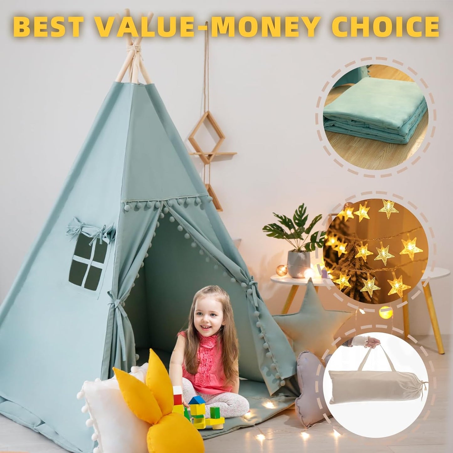 Teepee Tent for Kids with Mat, Star Lights, Carry Case, Cotton Canvas Playhouse, Foldable Tents, Portable Children Play Tent Indoor Outdoor (Jewelry Blue)