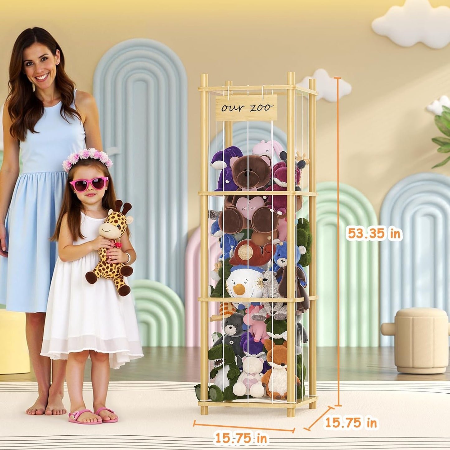 Bamboo Stuffed Animal Storage Zoo, Large Capacity Plush Toy Cage, Wood Stuffed Animals Holder for Toddler Room, Playroom, Bedroom