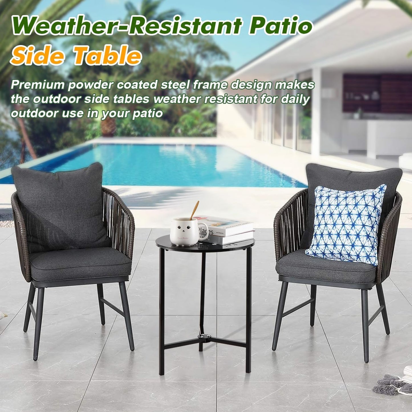 1 Pack 13" Metal Outdoor Side Tables Small Black Outside End Table for Patio Round Accent Corner Stand for Small Spaces Weather-Resistant Coffee Table for Balcony Porch Plant Stand, Starlight Pattern