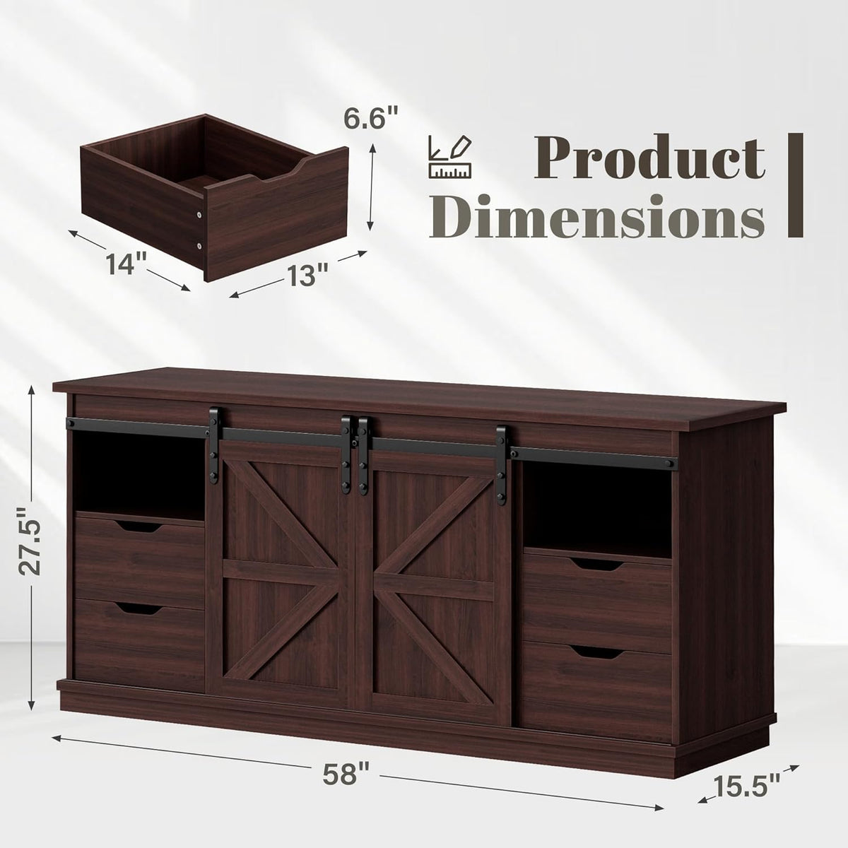 YESHOMY TV Stand for Televisions up to 65 Inchs, with Sliding Barn Doors and 4 Storage Drawers, Console Table and Media Furniture for Living Room, 58 Inch, Espresso