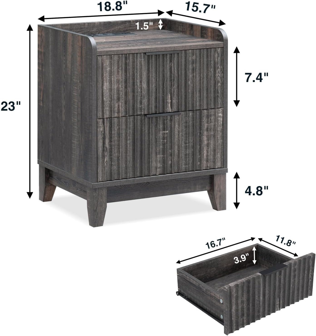 Wnutrees Fluted Nightstand with Charging Station, Modern Bedside Table with 2 Drawers, Farmhouse Wooden End Side Table Living Room, Dark