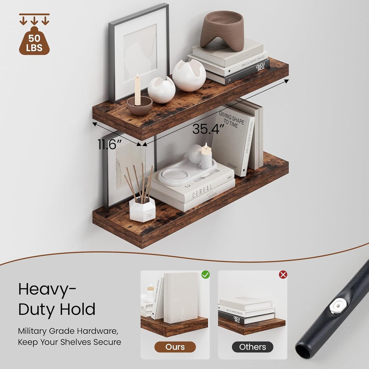 Heimlove 36 Inch Long Floating Shelf for Wall, 12" Deep Floating Shelves Wall Shelves for Bedroom Living Room Bedroom,Wall Mounted Shelves for Storage Book Decor, Set of 2, Rustic Brown