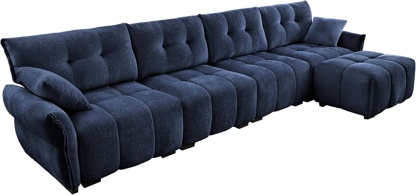 Modern Chenille Fabric 4-Seat Sofa w/Ottoman+2 Pillows, Premium Upholstery Living Room Couch with Tufted Backrest & Comfortable Armrests and High-Resilience Memory Foam Cushions,Blue