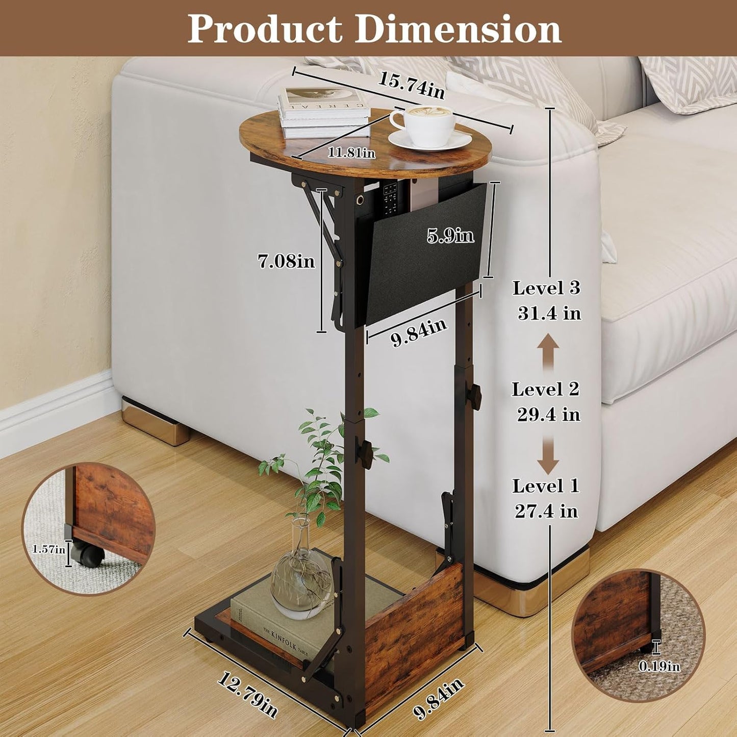 Folding C Shaped End Table, Small Side Table with Storage Bag for Sofa, Couch Table with Wheels, TV Tray Table for Living Room, Bedroom, Rustic Brown