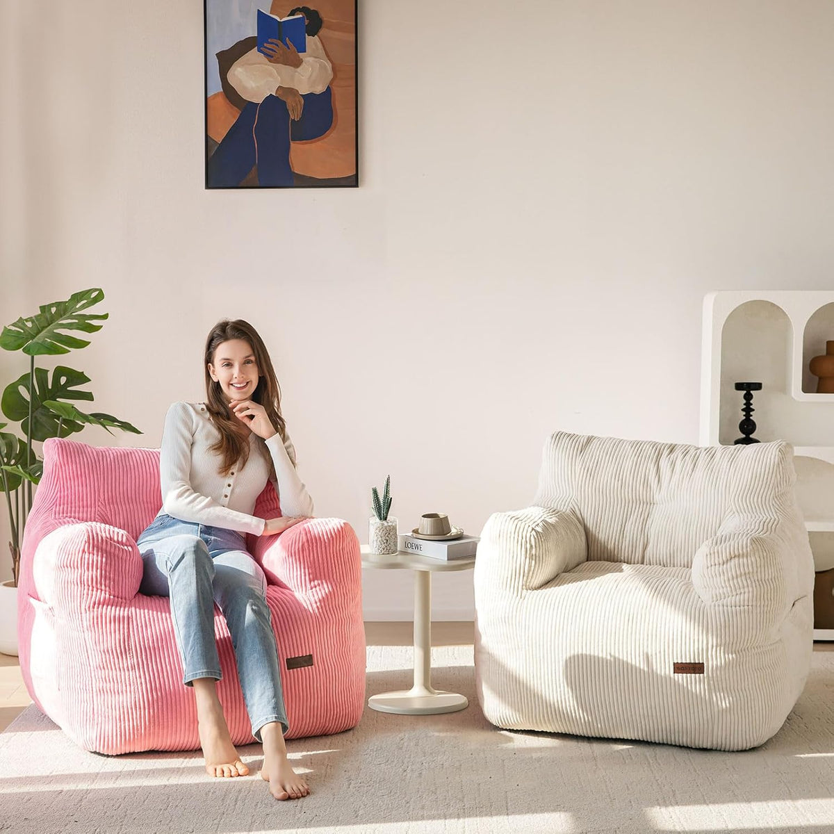 MAXYOYO Bean Bag Chair, Tufted Bean Bag Couch Lazy Chair, Living Room Sofa Couch with Filler for Adult Teens Kids, Corded Fabric Accent Sofa for Bedroom Dorm, Pink